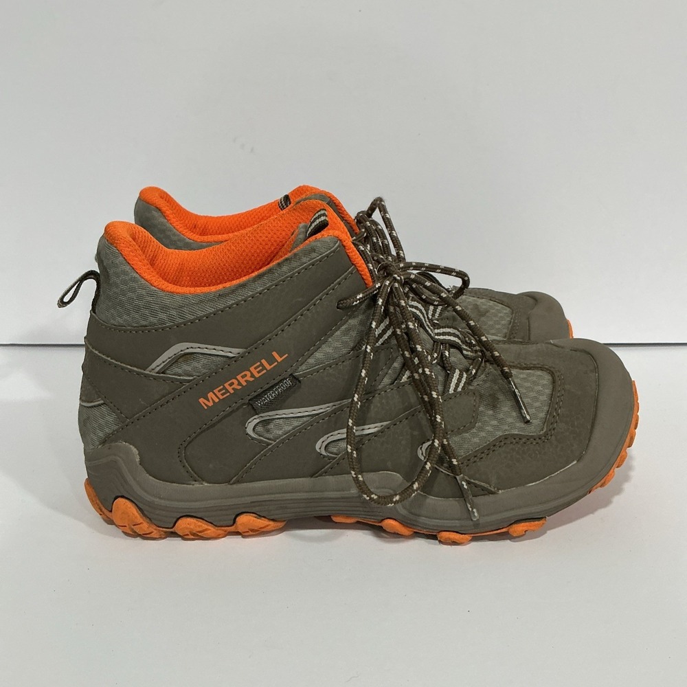 Merrell Chameleon Access Mid Kids Sz 4 Gray Orange Waterproof Hiking Boots